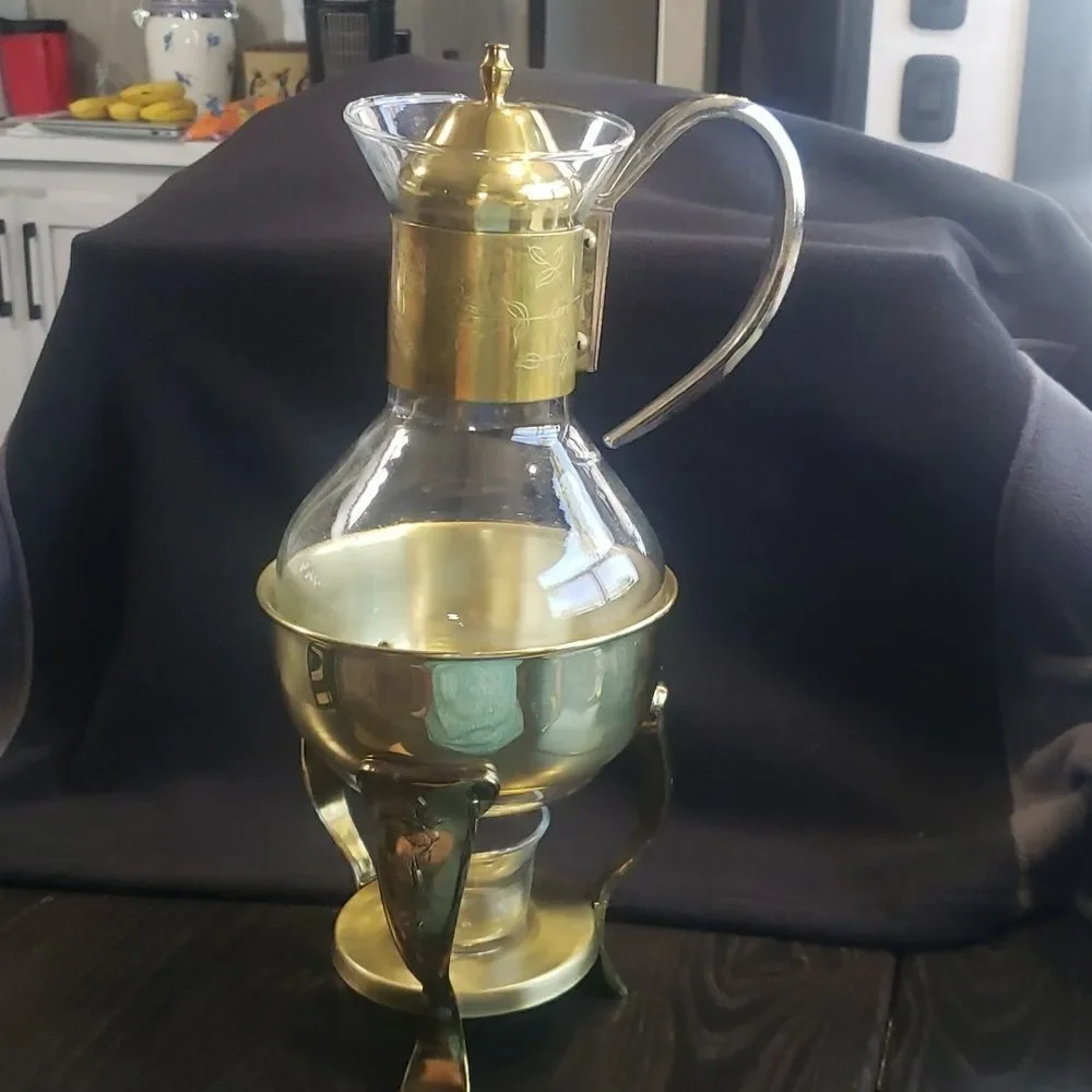 Princess House Brass Glass Coffee Carafe Tea Pot w/ Warming Stand Candle Holder
